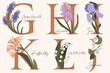 Hand Drawn floral alphabet with spring flowers in pastel colors.Letters G, H, I, J, K, L with flowers grape hyacinth, hyacinth, iris, jasmine, kaffir lily, lily of the valley