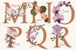 Hand Drawn floral alphabet with spring flowers in pastel colors.Letters M, N, O, P, Q, R with flowers magnolia, nasturtium, orchid, peony, quince, rose