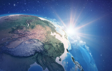Canvas Print - sunrise through clouds, upon a high detailed satellite view of planet earth, focused on china, east 