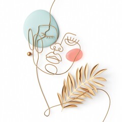 3d render, minimal fashion woman portrait. female face made of golden wire and palm leaf, simple lin