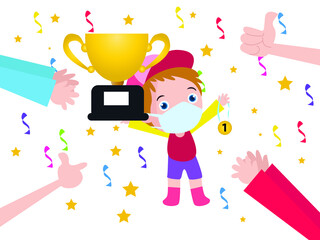 Happy toddler wins trophy and medal vector concept for banner, website, illustration, landing page, flyer, etc.