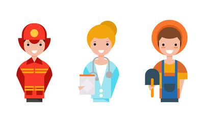 Sticker - People of Various Professions Set, Farmer, Firefighter, Doctor Characters Cartoon Vector Illustration