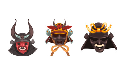 Wall Mural - Horned Masks of Ancient Warriors Set, Scary Masks with Aggressive Facial Expression Cartoon Vector Illustration