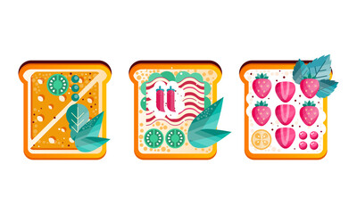 Sticker - Toast Breads with Different Healthy Ingredients Set, Top View of Sandwiches Flat Vector Illustration