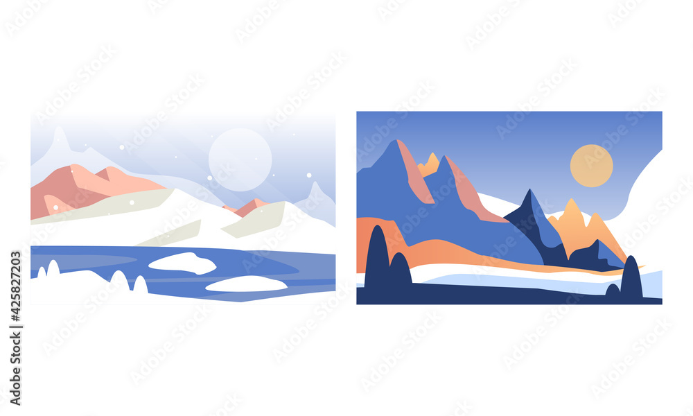 Beautiful Winter Landscape Set, Serenity Scenes of Nature at Day Time Cartoon Vector Illustration - obrazy, fototapety, plakaty 