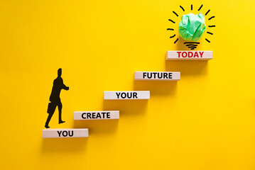 Wall Mural - You create your future today symbol. Concept words 'You create your future today' on wooden blocks on a beautiful yellow background. Businessman icon. Business, motivational and create future concept.