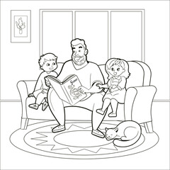 Coloring book cute caring father reading a book to his children sitting on the couch.Vector illustration black and white line art