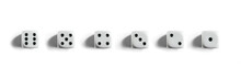 Six Clean Dices With Numbers 1, 2, 3, 4, 5, 6. Top View. White Banner.