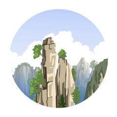 Wall Mural - Chinese mountains landscape with big clouds and fog. Asian nature. Realistic hand-drawn round vector illustration.