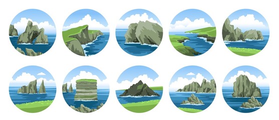 Big collection of simple hand-drawn vector illustrations with sea and rocks, cliffs, stones, coasts, sea capes. Ocean and sea nature landscape with fluffy clouds.