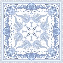 Vector Shawl Blue Print On A White Background. Fashionable Silver Chains And Anchor Pattern, Baroque Fantasy Scroll, Blue Beautiful Mermaid And Pearls. Scarf, Bandana, Neckerchief, Silk Patch, Carpet