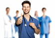 Male nurse isolated on white giving thumbs up in front of his team