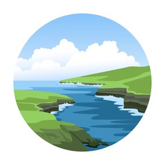 Wall Mural - Sea nature landscape with green rocky coastlines and fluffy clouds. Simple round hand-drawn vector illustration