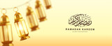 Fototapeta  - Islamic ramadan kareem brochure or background design template illustration with 3d realistic golden lantern lined up neatly 