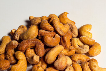 Cashew nut isolated on a white background. Top view and selective focus