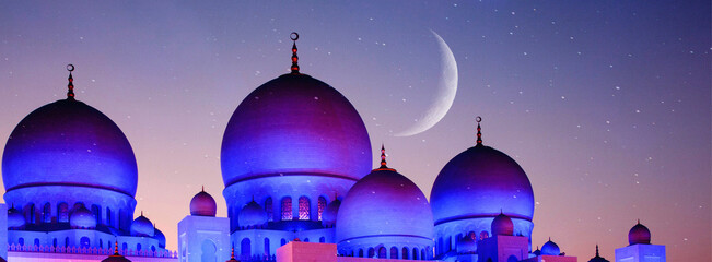 ramadan Kareem background. Sheikh Zayed grand mosque with crescent moon and star