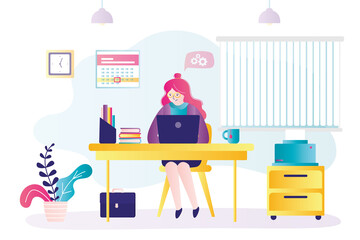 Wall Mural - Businesswoman sits at workplace. Cute woman works in large company