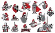 Knights with swords, isolated heraldic vector mascots. Heraldic symbols of royal knight in helmet with red plumage, ancient soldiers. Medieval warriors or guard icons with blade in armour and cape