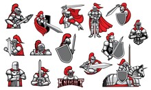 Knights With Swords, Isolated Heraldic Vector Mascots. Heraldic Symbols Of Royal Knight In Helmet With Red Plumage, Ancient Soldiers. Medieval Warriors Or Guard Icons With Blade In Armour And Cape