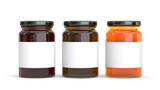 Fototapeta  - orange marmalade or maple syrup or jam in glass jar isolated mockup template - 3d render