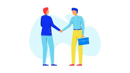 Two businessmen completed the deal with a handshake. Concept of business partnership. Flat style character vector illustration isolated on blue background.