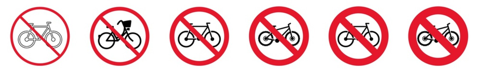 Wall Mural - Prohibition Sign Bike Forbidden Icon Set | Bike Prohibition Signs Riding Prohibited Vector Illustration Logo | Mountain Bike Prohibition Sign Isolated Collection