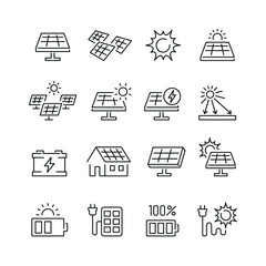 Solar panel related icons: thin vector icon set, black and white kit