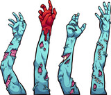 Fototapeta Dinusie - Zombie arms in different poses reaching up. Cartoon vector clip art illustration with simple gradients, each on a separate layer. 

