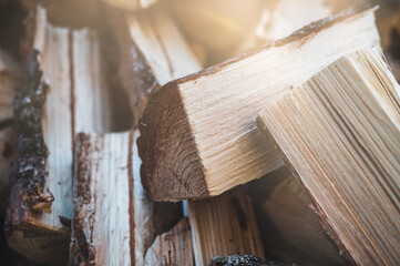 Wall Mural - Wooden natural sawn logs as background. Wood texture. Firewood close up. Pine wood.