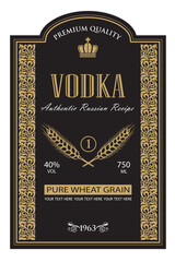 Poster - black vodka label with royal crown and ears of wheat in retro style