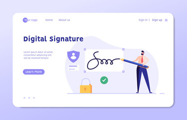 Wall Mural - Businessman signing contract with digital pen on phone. Digital signature, business contract, electronic contract, e-signature concept. Vector illustration in flat design for web banner, mobile app