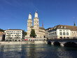 The Grossmünster Protestant church and the Münsterbrücke historic bridge in Zürich, Switzerland.