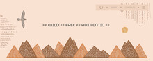 Wild West Banner, Home Page For Website With Vector Eagle, Mountains. Ethnic Style, Boho Ornament.