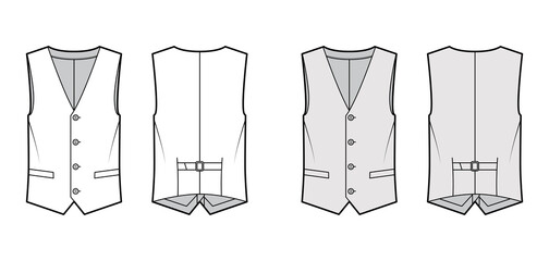 Wall Mural - Lapelled vest waistcoat technical fashion illustration with sleeveless, notched shawl collar, button-up closure, pockets. Flat template front, back, white, grey color style. Women, men top CAD mockup