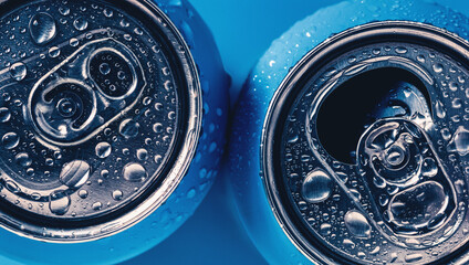 Two aluminum beer cans on blue background with water drops