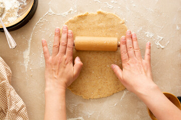 Wall Mural - Cheesecake cooking baking dessert step by step recipe, raw dough and cooking pan with female hands.