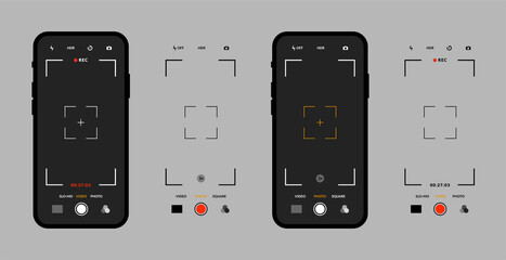 Photo camera mobile interface. Set of smartphone devices, video capture mode, viewfinder grid. Phone display in vector