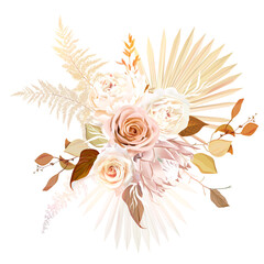  Trendy dried palm leaves, blush pink rose, pale protea, white ranunculus, pampas grass vector