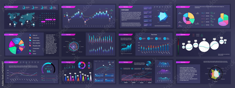 Infographic dashboard mockups with pie charts, information, diagrams and graphs. Presentation slides online statistics and data analytics. Template gradient UI, UX, info panels. Vector graphics set - obrazy, fototapety, plakaty 