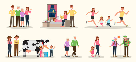 Wall Mural - Set of Happy family people mother, father, grandparents and children together character vector design. Presentation in various action with emotions, running, standing and walking. no5