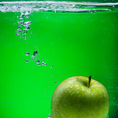 Green Apple Water Splashes Freeze Motion Green Background