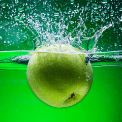 Green Apple Water Splashes Freeze Motion Green Background