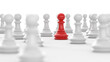 Leadership concept, red pawn of chess, standing out from the crowd of white pawns, on white background. 3D Rendering