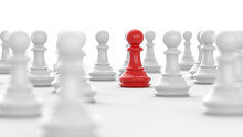 Leadership Concept, Red Pawn Of Chess, Standing Out From The Crowd Of White Pawns, On White Background. 3D Rendering
