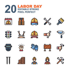 Icon set Labor day made with line color filled technique, contains a labor day, helmet, labor man and woman and more. You can be used for web, mobile, ui and more. Editable stroke and pixel perfect.