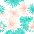 © Surendra - Blue Seamless Design. Gray Pattern Illustration. Azure Tropical Design. Navy Flower Hibiscus. Cobalt Watercolor Plant. Indigo Spring Leaves. Decoration Textile.