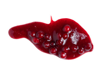 Blot of fresh ripe lingonberry sauce isolated on white background, top view