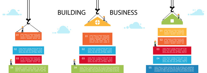 Set building infographic. tower crane and building color block.