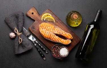 Canvas Print - Grilled salmon steak. Fish steak with herbs and spices