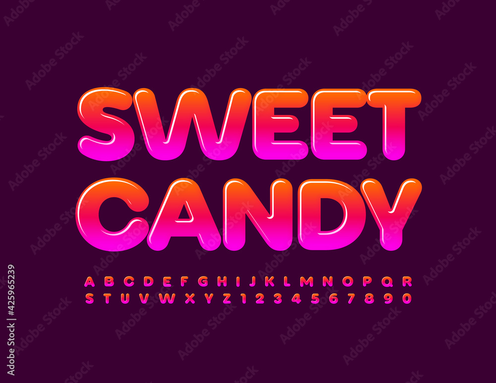 Vector tasty sign Sweet Candy. Bright glossy Font. Gradient set of Alphabet Letters and Numbers set - obrazy, fototapety, plakaty 